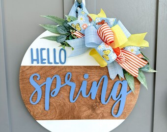 Hello Spring | Wood Door Hanger | Front Door Decor | Spring Door Hanger | Farmhouse Decor | 3D Lettering | Housewarming Gift | Realtor Gift