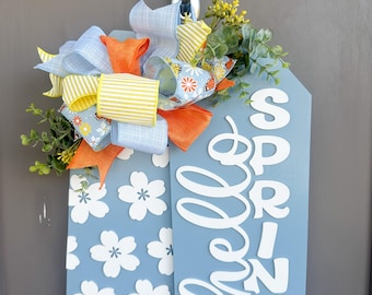 Hello Spring | Tag | Wood Door Hanger | Front Door Decor | Spring Door Hanger | Farmhouse Decor | 3D Lettering | Housewarming