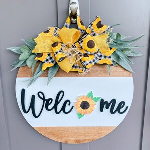 Front Door Decor | Sunflower Welcome Door Hanger | Round Wood Sign | Front Door Wreath | Wood Door Hanger | 3D Lettering | Housewarming Gift