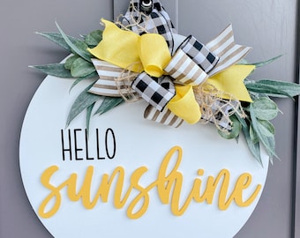 Front Door Decor |  Hello Sunshine Door Hanger | Round Wood Sign | Front Door Wreath | Wood Door Hanger | 3D Lettering | Housewarming Gift