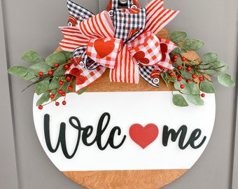 Heart Welcome, Valentine’s Day, Valentines, Farmhouse, Door Hanger, Wooden Wreath, 3D, Front Door, Home Decor, Round Wood Sign, Circle