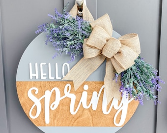 Front Door Decor | Hello Spring | Round Wood Sign | Front Door Wreath | Wood Door Hanger | Farmhouse  | 3D Lettering | Housewarming Gift