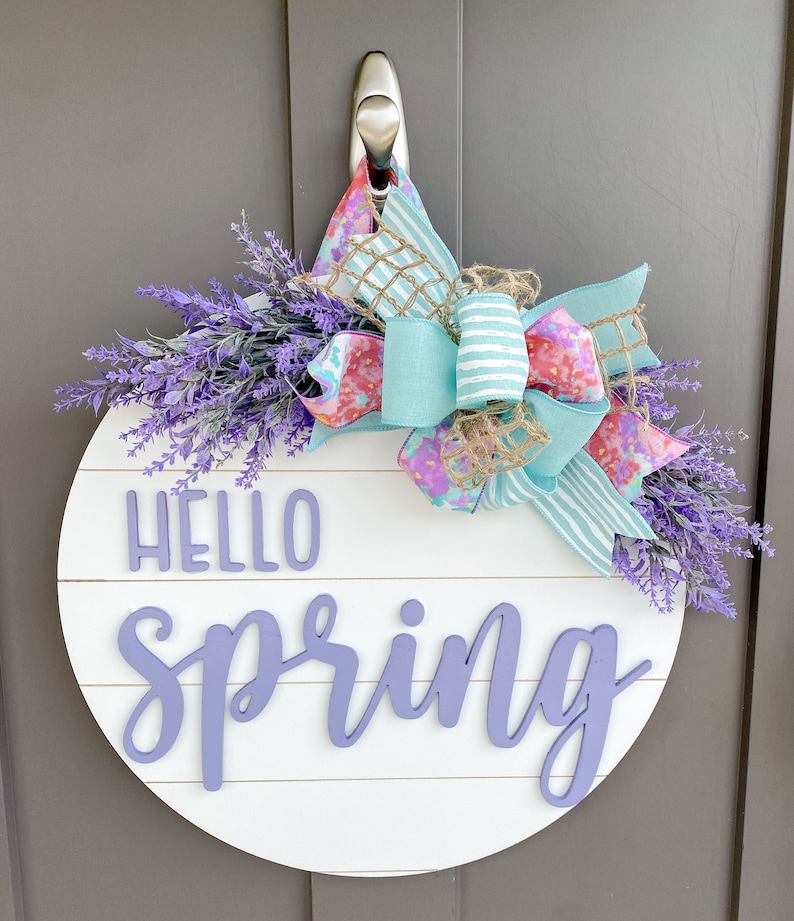 Hello Spring Wood Door Hanger Front Door Decor Spring Door Hanger Farmhouse Decor 3D Lettering Housewarming Gift Realtor Gift image 1