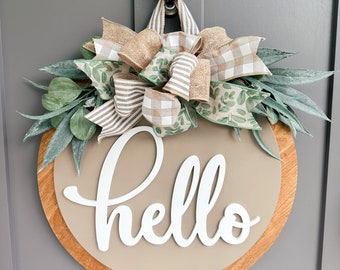 Front Door Decor | Gray Hello | Round Wood Sign | Front Door Wreath | Wood Door Hanger | Farmhouse Decor | 3D Lettering | Housewarming Gift