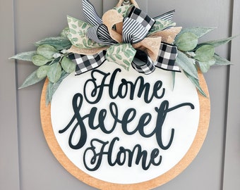Front Door Decor | Home Sweet Home | Round Wood Sign | Front Door Wreath | Wood Door Hanger | Farmhouse | 3D Lettering | Housewarming Gift