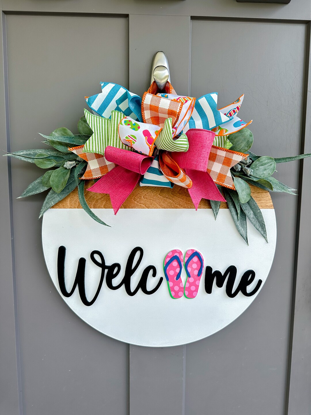 Summer Front Door Decor | Flip Flop Welcome Door Hanger | Round Wood ...
