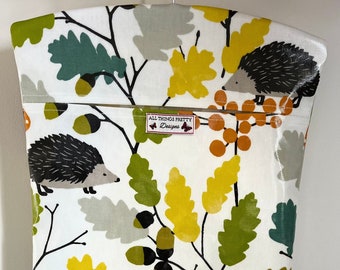 Oilcloth Peg Bag  - Hedgehog & Acorns made in quality Oilcloth fabric. Nature inspired. Wipe clean.