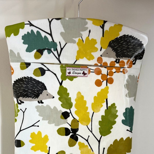 Oilcloth Peg Bag  - Hedgehog & Acorns made in quality Oilcloth fabric. Nature inspired. Wipe clean.