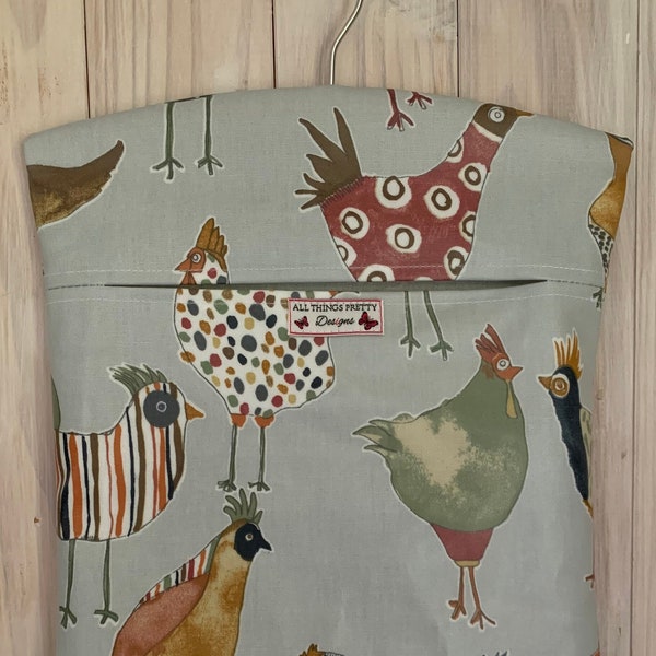 Peg Bag - Oilcloth. Chickens/Hens whimsical design - Quality Matt Oilcloth. Wipe clean fabric.