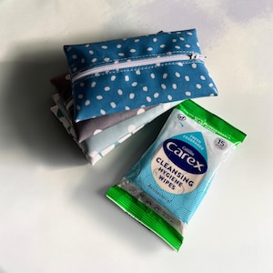 May include: A stack of four rectangular fabric pouches with white zip closures, featuring various patterns including blue with white dots, and a single pack of Carex Cleansing Hygiene Wipes with green and blue packaging containing 15 wipes.
