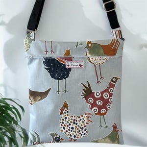 Peg Bag Crossbody Style made in Quirky Hens/Chickens quality Matt Oilcloth Fabric.