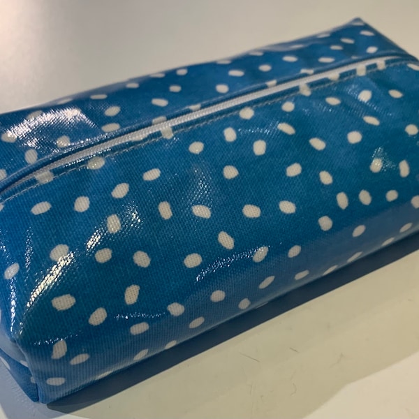 Baby Wipes Pouch/Make-up bag made in Speckles blue oilcloth fabric. Wipe clean.