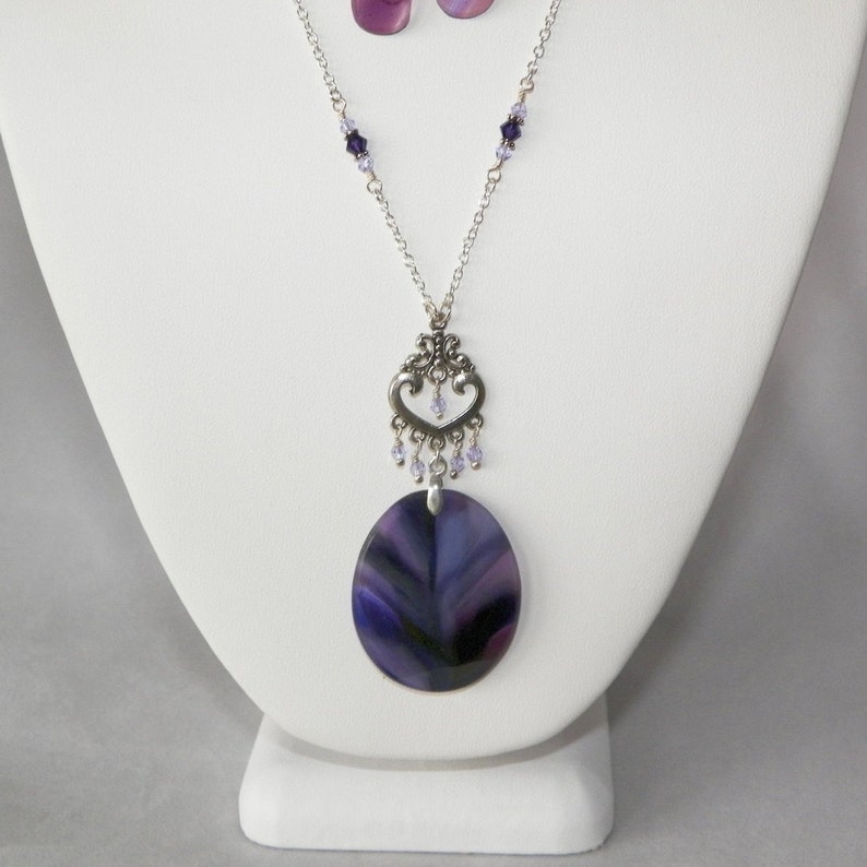 Shades of royal purple and lilac heart necklace and earrings image 2