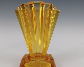 Bagley #334 Art Deco 4" Vintage Amber Glass 'Grantham' Vase