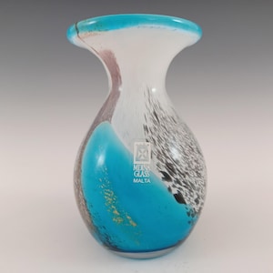 LABELLED Mdina &#39;Seascape&#39; Maltese White & Blue Glass Vase