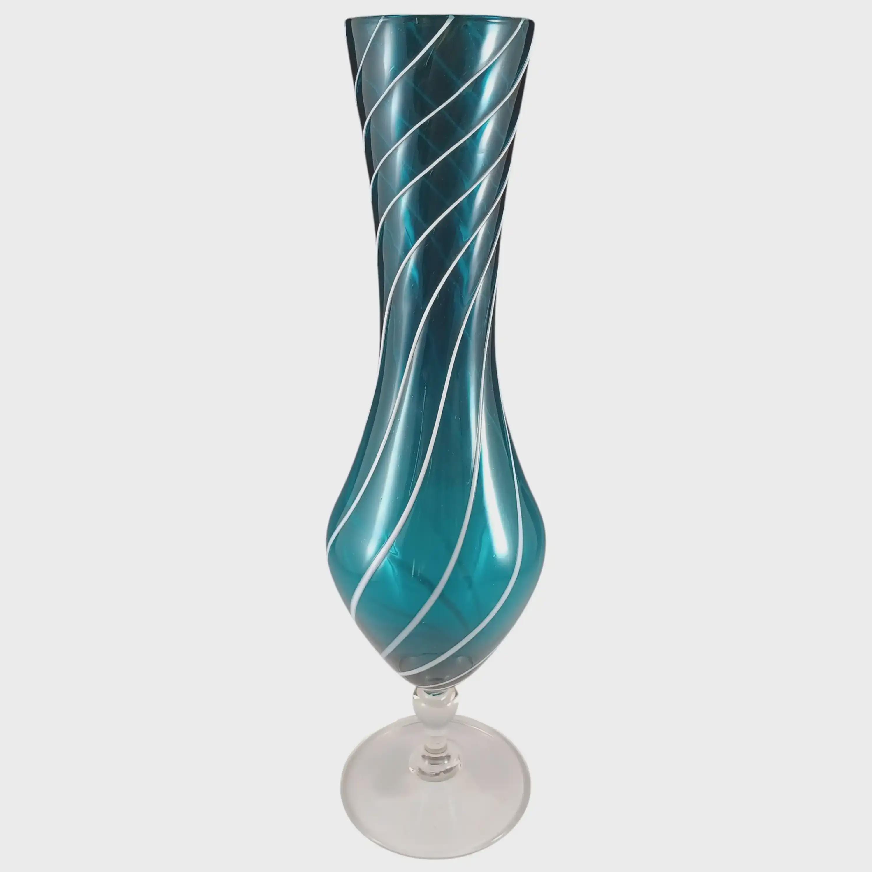 Empoli Italian Large Turquoise Blue & White Glass Vintage Footed