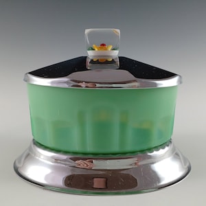Art Deco Jade Green Glass & Chrome Lidded Bowl / Pot
