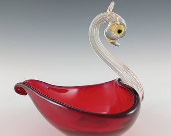 AVEM Murano / Venetian Red Glass & Gold Leaf Vintage Swan Bowl