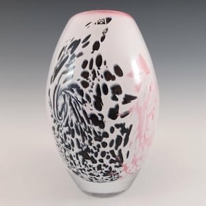 SIGNED & LABELLED Mdina Maltese Pink, Black + White Glass Vase