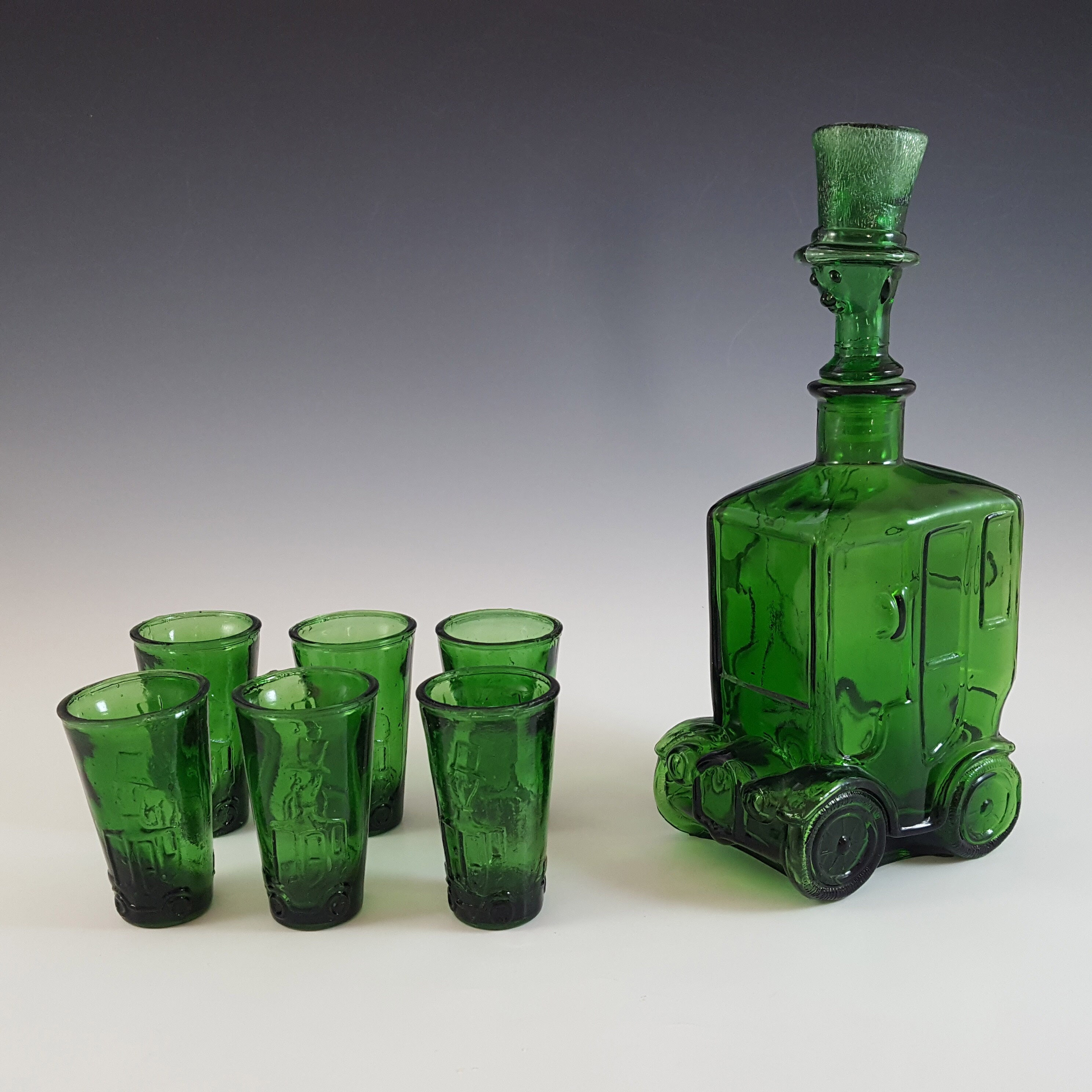 Taiwanese Empoli Style Green Glass Car Decorative Bottle & Glasses