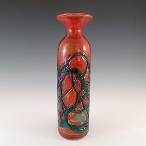 SIGNED Mdina Random Strapped Maltese Red & Blue Glass Vase