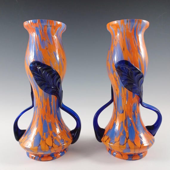 オレンジ色のガラス花瓶 2個セット チェコのヴィンテージ オレンジ