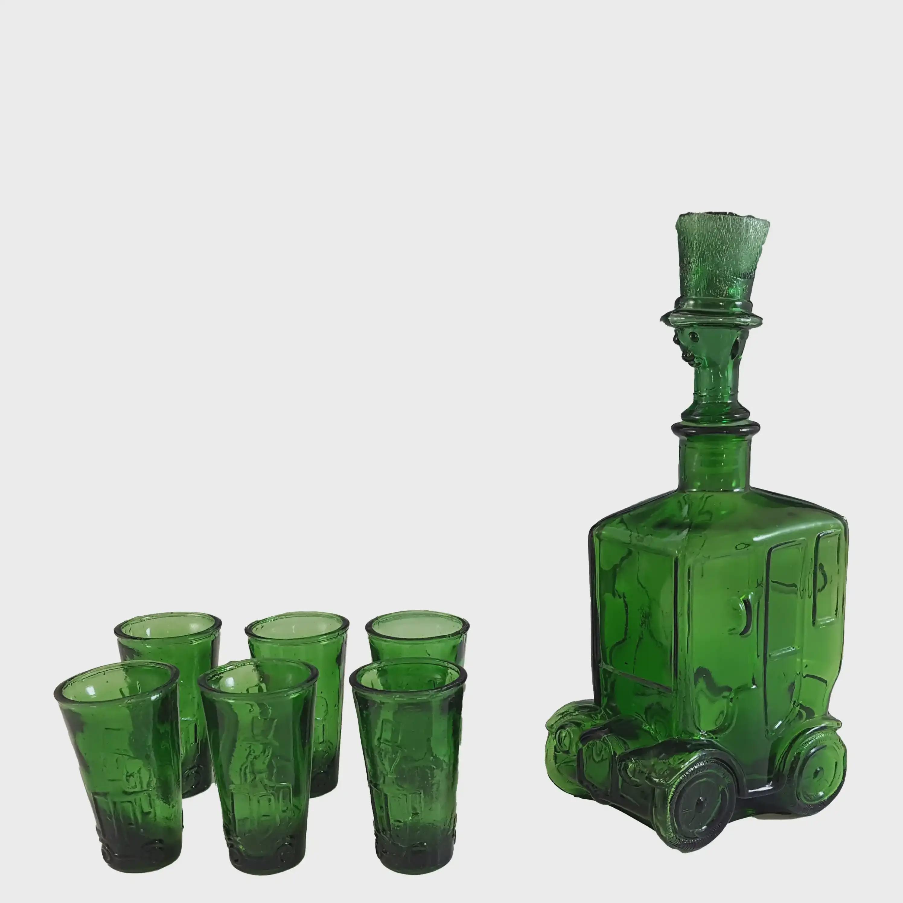 Taiwanese Empoli Style Green Glass Car Decorative Bottle & Glasses