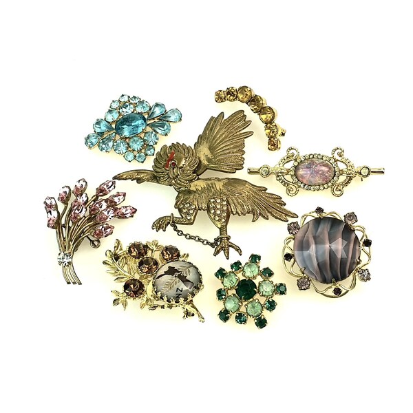 BULK BUY LOT - Vintage & Retro Brooch Group - Diamante , bird brooch , floral brooch etc 8 pieces - Wholesale Job Lot