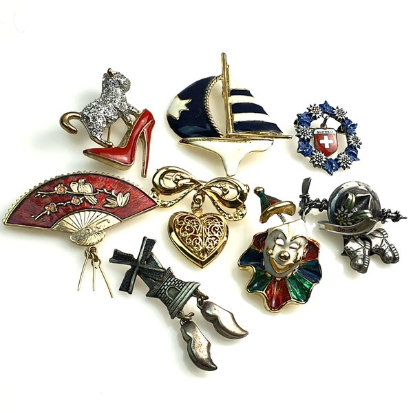 BULK BUY LOT - Retro Brooch Group - Enamel clown , heart locket , cat brooch , yacht brooch etc 8 pieces - Wholesale Job Lot