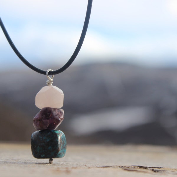 Rock Cairn Necklace, Rock Cairn Pendant, Raw Crystal Turquoise Lepidolite Rose Quartz, Hiker, Rock Climber Gift, Men, Rock Climbing