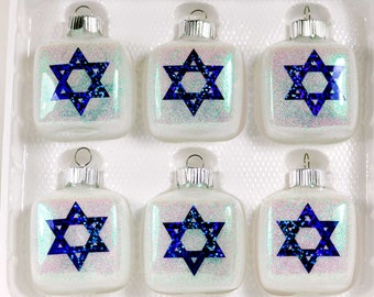 Ornament Star of David Ornaments - Jewish Holiday - Hanukkah Ornaments - Set of Six - 2.125 Glass Squares - Blue / White Design - Handmade©