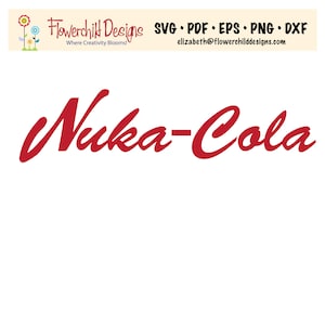 May include: Red cursive text that reads "Nuka-Cola" on a white background.