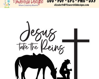 Jesús toma las riendas Caballo SVG: Diseño ecuestre de vaquera y vaquera (archivo digital)