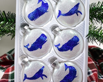 Adorno navideño de ballena azul: disco de cristal brillante, decoración marina