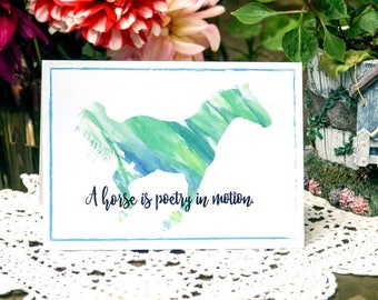 Digital Download - Horse - Blue/Green Watercolor Galloping Pony "A Horse is Poetry in Motion"©