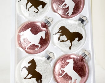Adornos navideños de caballo: Juego de discos de cristal con purpurina