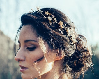 Gold bridal hair vine, headpiece bride, bridal hairvine, floral bridal headpiece, bridal headpiece coloured, wedding hair accessory