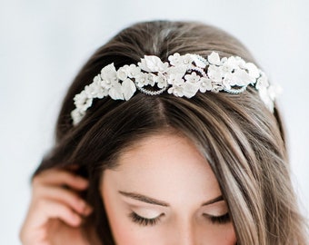 White Bridal Headband, White Floral and crystal bridal headpiece, wedding headpiece, clay flower headband, floral tiara, Boho headpiece