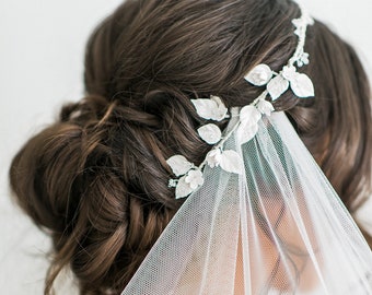 White floral bridal headpiece, handmade clay flower bridal hair vine, bride hair vine, white bridal hair vine, floral wedding hair vine,