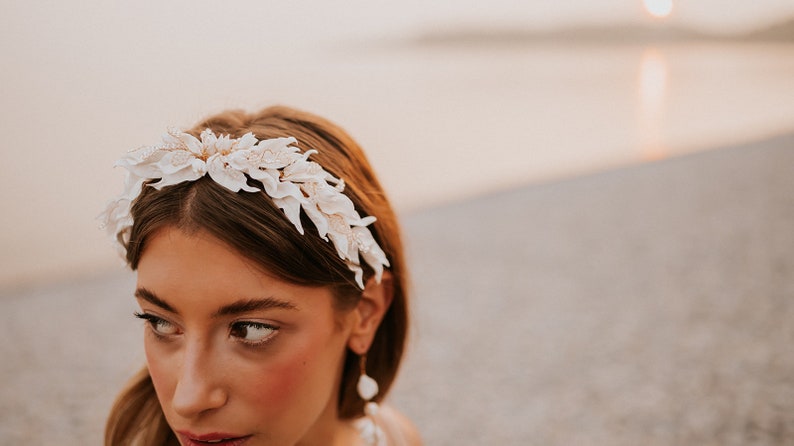 White Clay Bridal headpiece, white leaf headpiece, wedding headpiece, bridal crown, floral headpiece, white floral headband, Olive leaf image 2