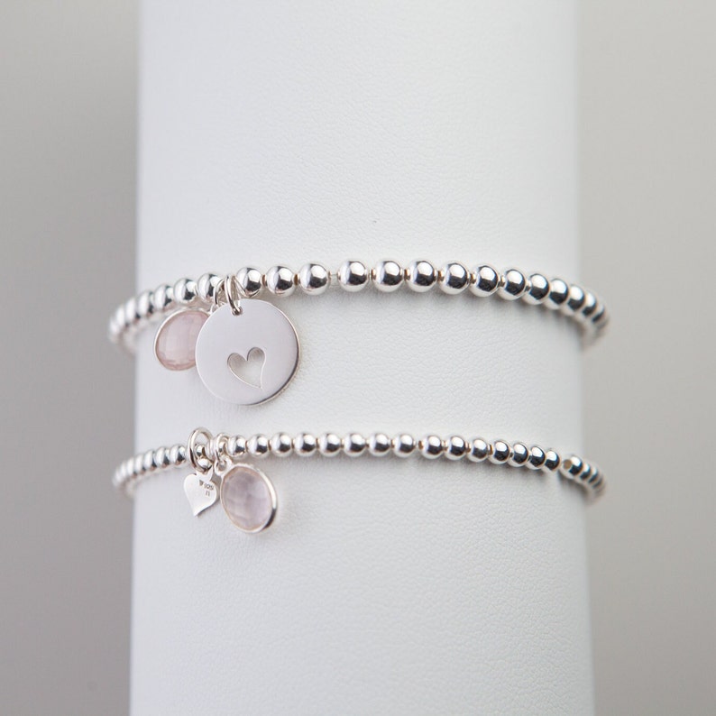 Silver beaded bracelet set with two bracelets with birthstone and disc with heart cut out.  Gift for Mother and Daughter