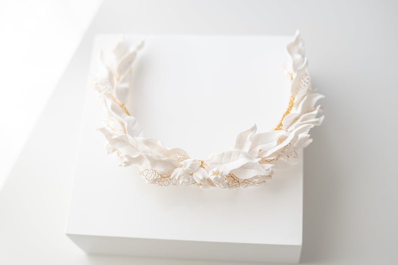 White Clay Bridal headpiece, white leaf headpiece, wedding headpiece, bridal crown, floral headpiece, white floral headband, Olive leaf image 5