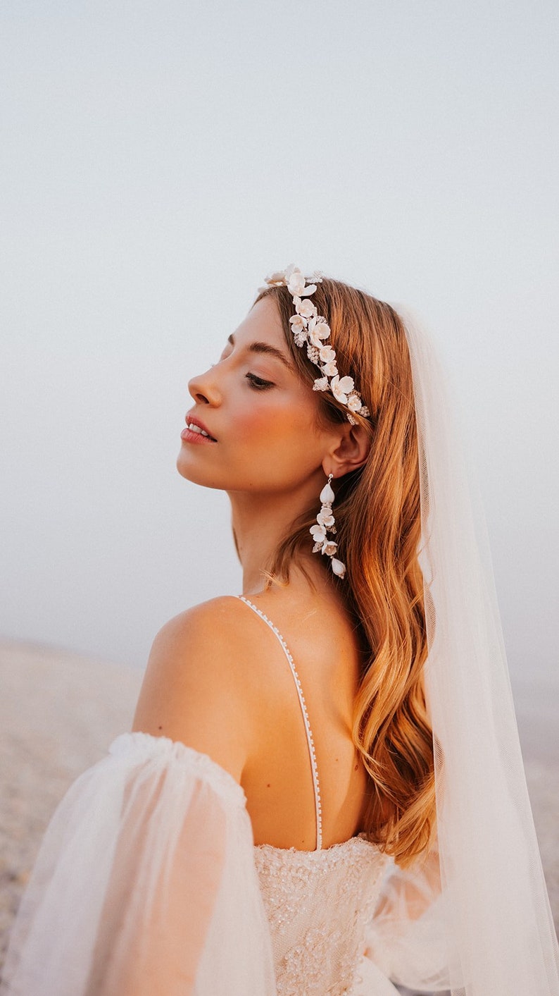 White floral Bridal hair vine, wedding hair vine with handmade flowers, wedding headband, wedding hair vine, wedding hair accessory, image 4