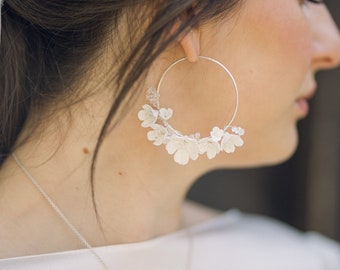Bridal hoop earrings, statement gold earrings, silver hoop earrings, floral bridal earrings, wedding earrings, handcrafted flower earrings