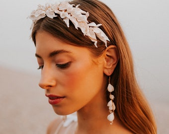 White Clay Bridal headpiece, white leaf headpiece, wedding headpiece, bridal crown, floral headpiece, white floral headband, Olive leaf