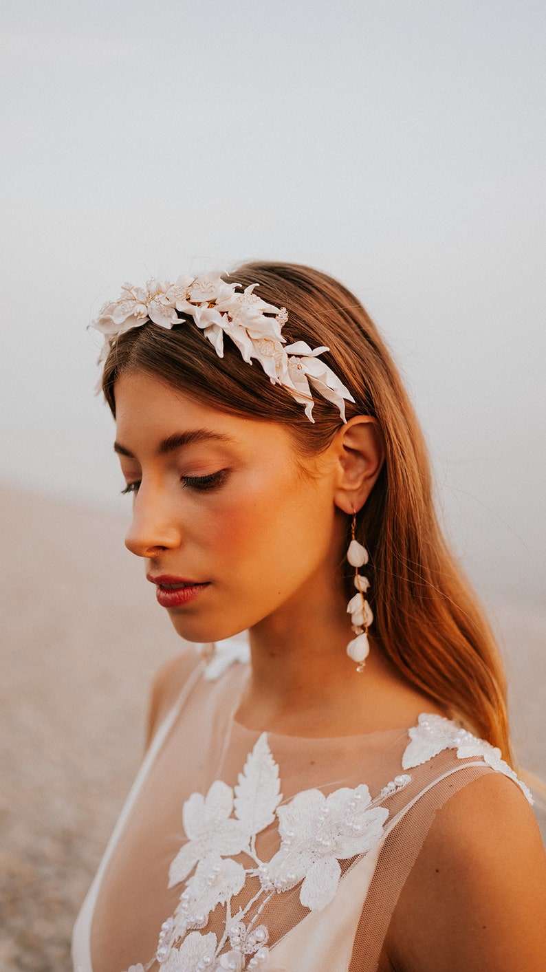 White Clay Bridal headpiece, white leaf headpiece, wedding headpiece, bridal crown, floral headpiece, white floral headband, Olive leaf image 1
