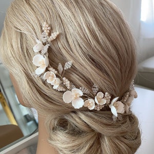 White floral Bridal hair vine, wedding hair vine with handmade flowers, wedding headband, wedding hair vine, wedding hair accessory, image 6