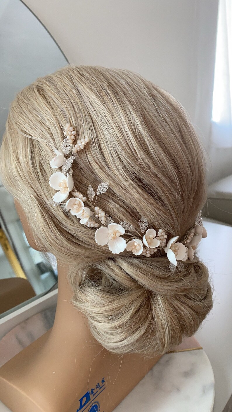 White floral Bridal hair vine, wedding hair vine with handmade flowers, wedding headband, wedding hair vine, wedding hair accessory, image 6