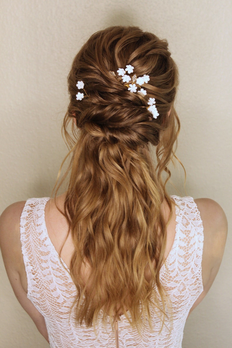 White clay daisy bridal hair pins, set of 7 bridal hairpins, wedding hair pin set, bridal hair accessories, handmade daisy hairpins, image 3