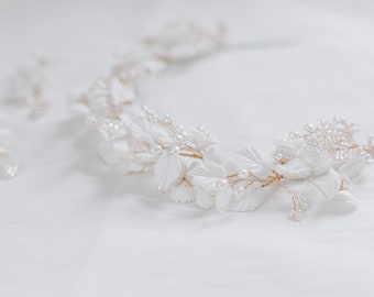 White Floral Bridal Headband: Handmade Clay Flower Wedding Crown